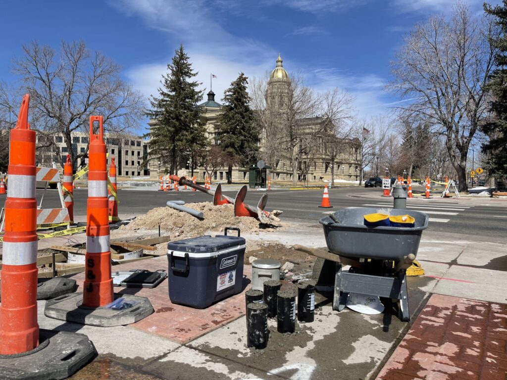 Road work with Wyoming Capitol Building in background